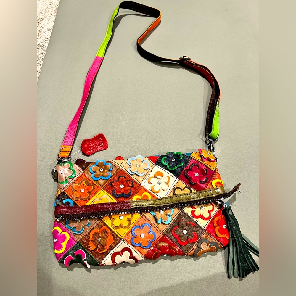 Multi color leather bag size small/medium size NWT  festival vibes